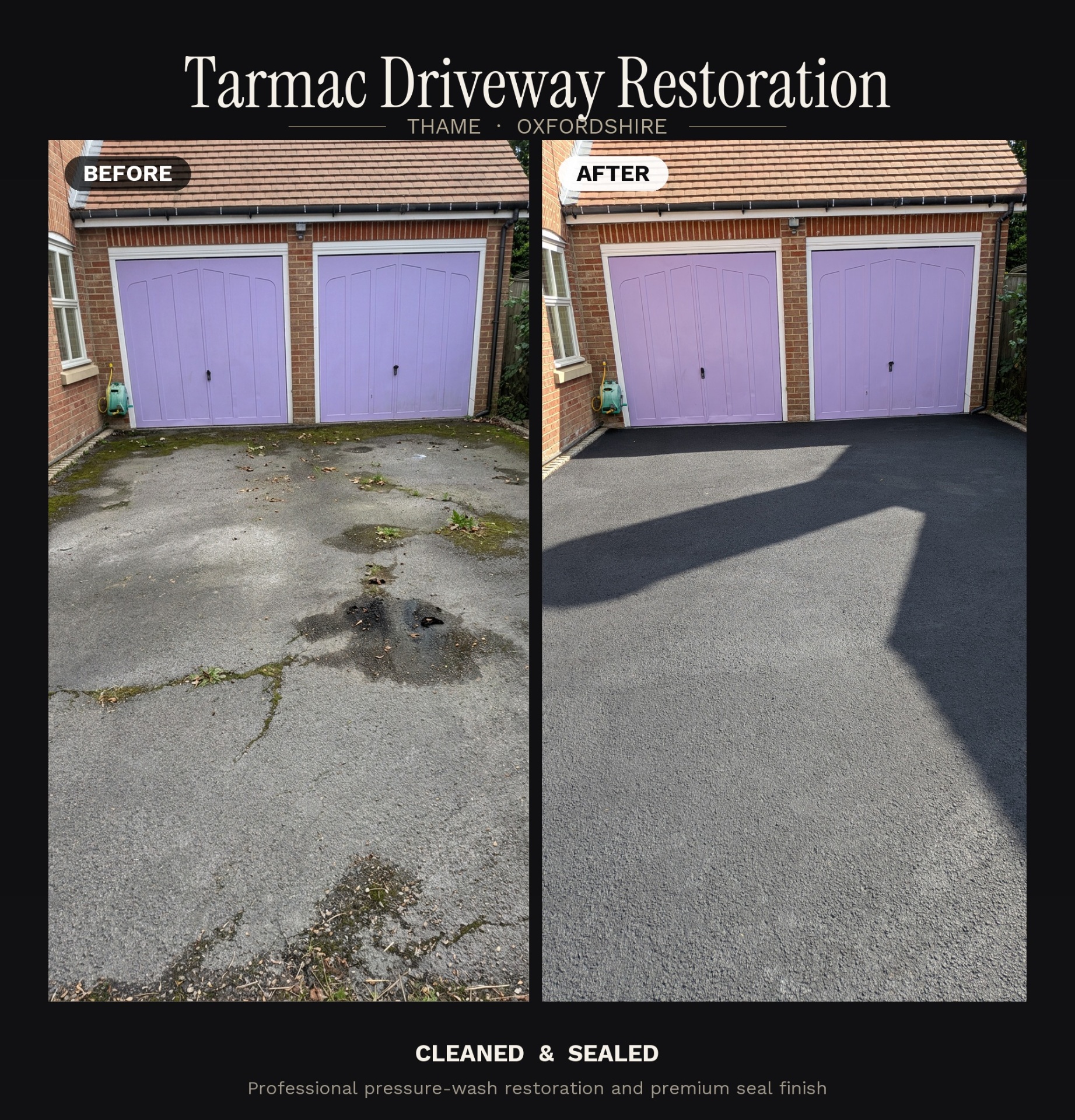 Before and after of a tarmac driveway restoration in Thame — moss, cracks and faded surface transformed to a clean, sealed, even black finish