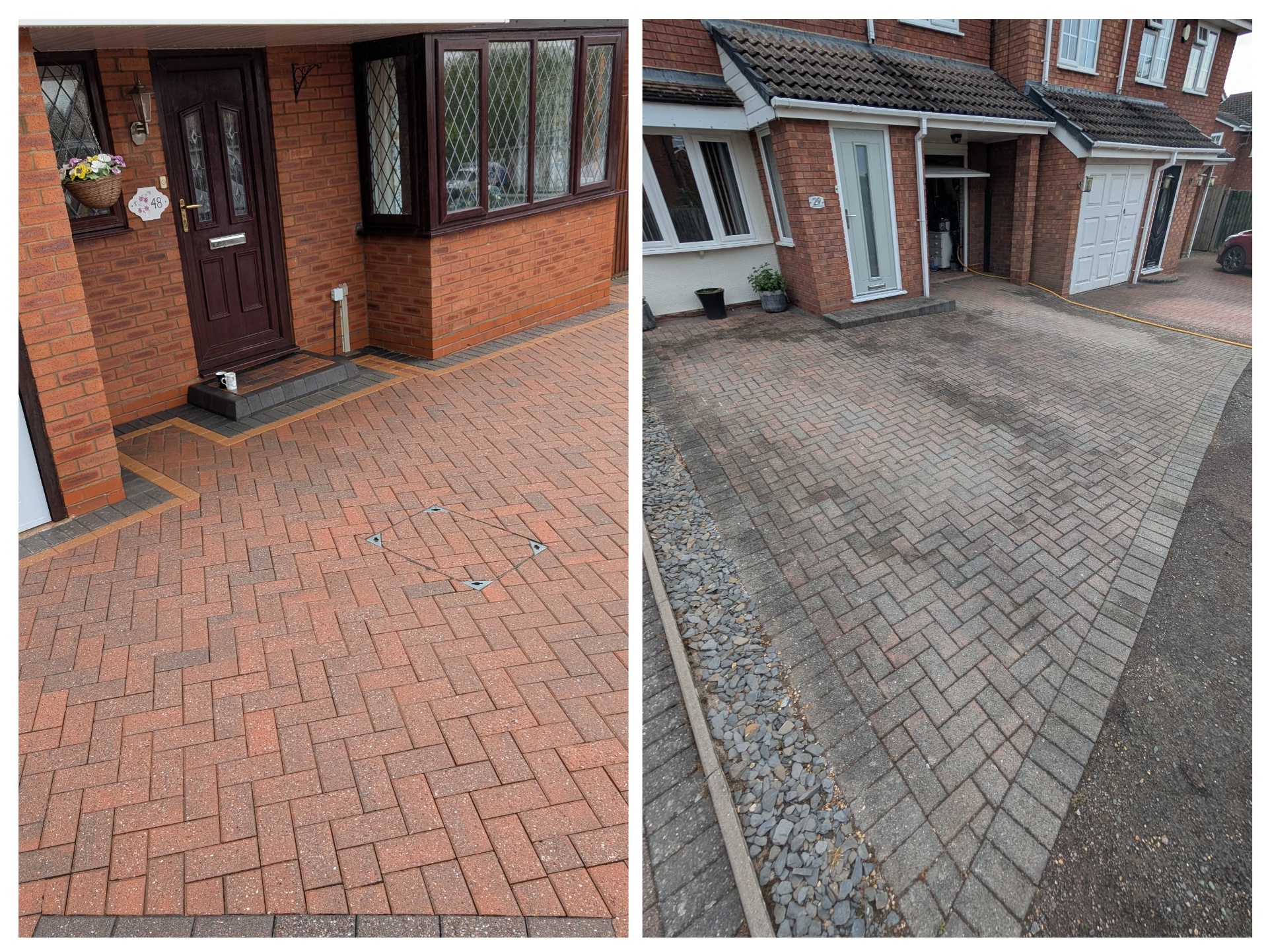 Before and after of a red block-paved driveway in Oxfordshire cleaned by Power Wash Pro