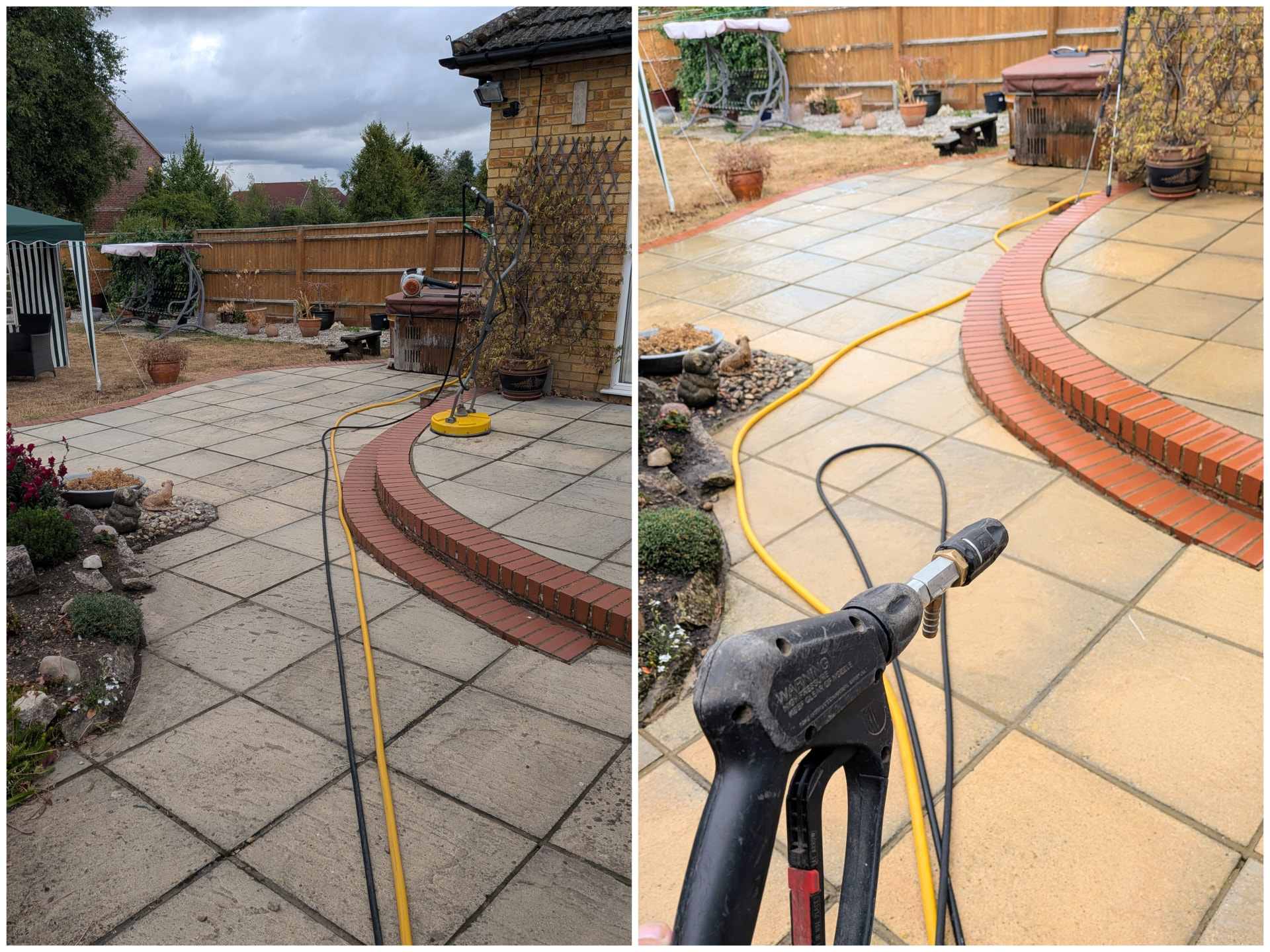 Before and after patio cleaning in Chinnor — weathered grey paving with a curved red brick edging restored to bright, even sandstone-coloured slabs